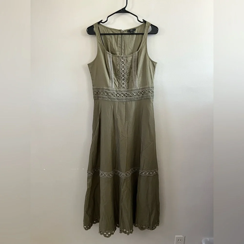 J. Crew Olive Green Midi Dress with Lace Trim